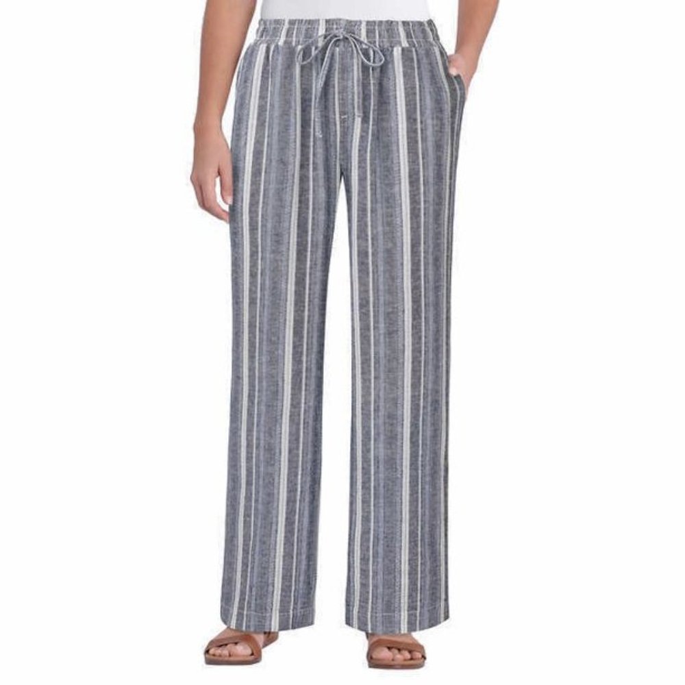 NWT Briggs Womens Linen Blend Drawstring Pants Blue With White Size L $60 JJ043